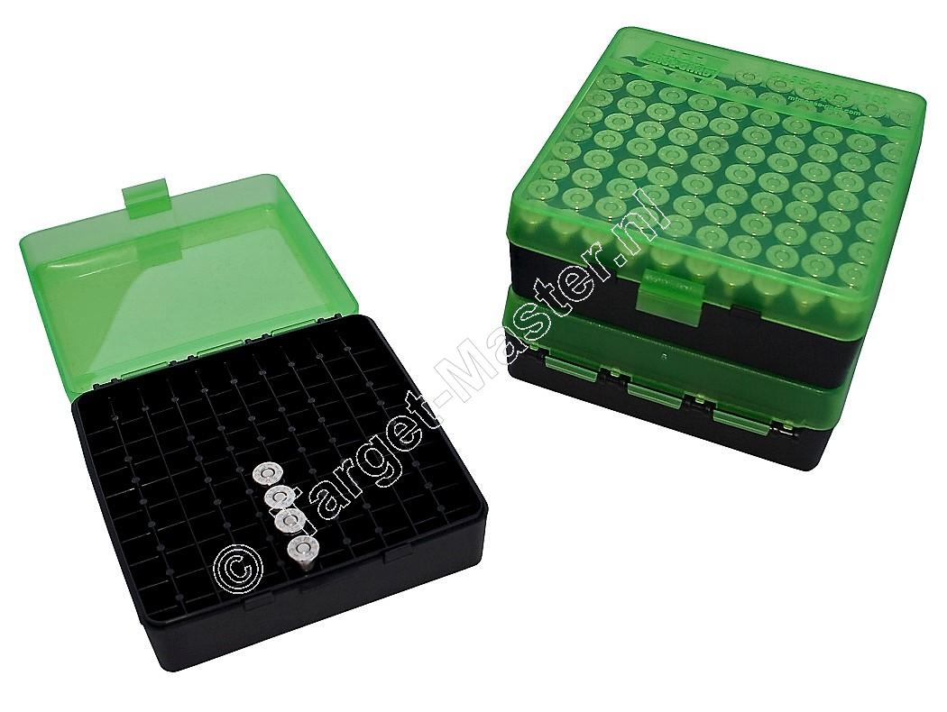 MTM P100-9 Flip-Top Ammo Box CLEAR GREEN / BLACK content 100